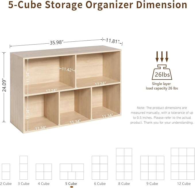 VDNEND Wooden 5-Cube Storage Organizer with Closed Back Panel, 11in Cube Shelf Opening, Bookshelf, Display Shelf,Closet Cabinet for Home and Office,White Oak