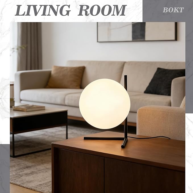 BOKT Modern Mid Century Matte Black Globe Table Lamp Post Modern Mini White Glass Desk Lamp Industrial Farmhouse Nightstand Bedside Lamp Lighting Fixture