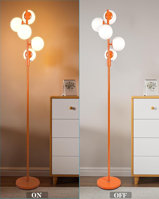 Lightdot 5-Globe Dimmable Globe Floor Lamp Orange Retro Standing Lamps with 5Pcs Bulbs Included Brightness Adjustable Mid Century Modern Floor Lamp for Living Room/Sofa Beside/Corner Decor