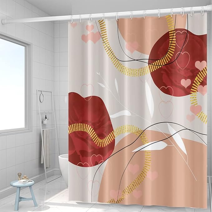 Abstract Boho Shower Curtain 72Wx78H Mid Century Pink Gold Geometric Pattern Shower Curtains Modern Minimalist Aesthetic Art Fabric Waterproof for Bathroom Decor 12 Plastic Hooks