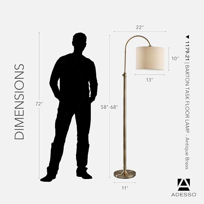Adesso Antique Brass Floor Lamp with Oatmeal Linen Shade – Adjustable Height Accent Light for Bedroom, Living Room, or Home Office, up to 68” Tall