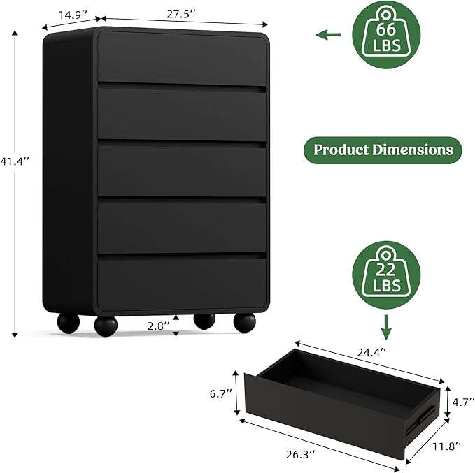 Lulive Wood Dresser for Bedroom, 41” Tall Chest of Drawers with 5 Drawers, Modern Closet Storage Drawer with Curved Profile Design for Living Room, Hallway, Entryway, Black