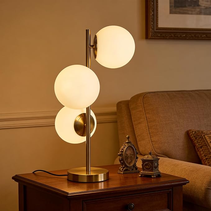 Mid Century Modern Glass Table Lamp 3-Light Gold Nightstand Lamp for Living Room Frosted Milk Glass Shade E26 Base for Office, Bedside, Vanity, Unique Desk Lamps