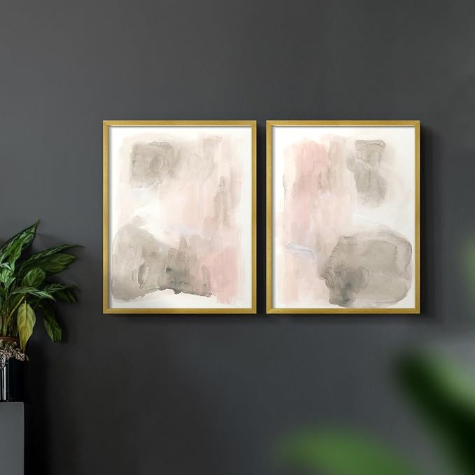 Renditions Gallery Set of 2 Peel & Stick Framed Prints, Watercolor Abstract Wall Art, Nude Color Neutral Aesthetic Wall Decor, Re-Stickable - Ready to Hang - 16"x20" - GOLD Frame LT588