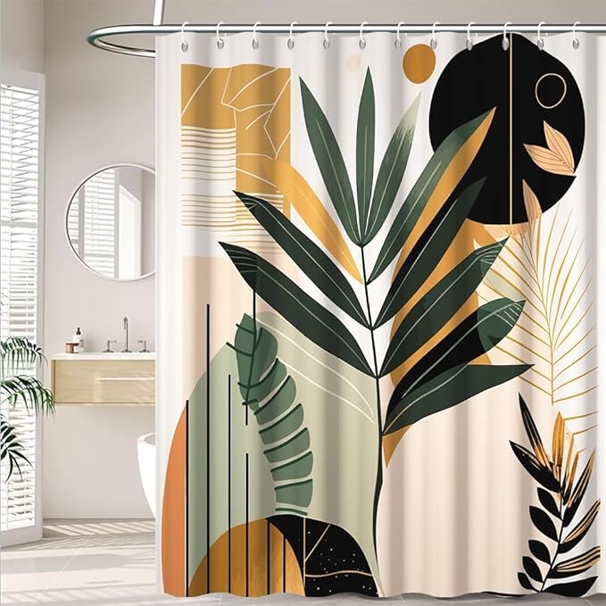 Boho Mid Century Shower Curtain for Bathroom Modern Abstract Minimalist Neutral Bathroom Decor Arch Sun Leaves Chic Aesthetic Bath Curtains Washable Waterproof Polyester Fabric with Hooks 72x78 Inch