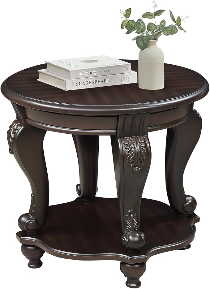 22'' Round End Table Solid Wood Sofa Side Table with Storage Shelf, Living Room Corner Table Retro Accent Table with Espresso Finish, Easy Assemble Round Bedside Table Night Stand for Small Space