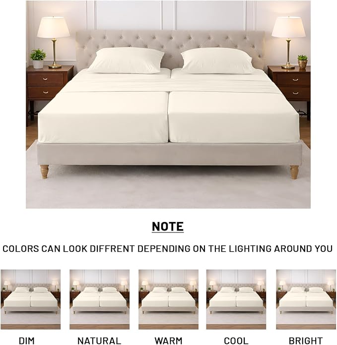 SGI Split King Sheet Set for Adjustable Bed Egyptian Premium Cotton 600 Thread Count Sheets for Sleep Number Bed 15" Deep Pocket 5 Pc Set with 2 Twin XL Fitted Sheets Soft Breathable -Ivory