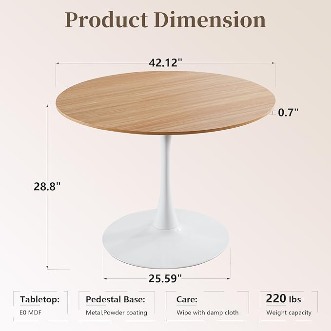 42 Inch Round Dining Table,Mid-Century Tulip Table with Metal Pedestal Base,Modern Leisure Table for Small Space Kitchen Dining Room,Easy Assembly,White and Oak