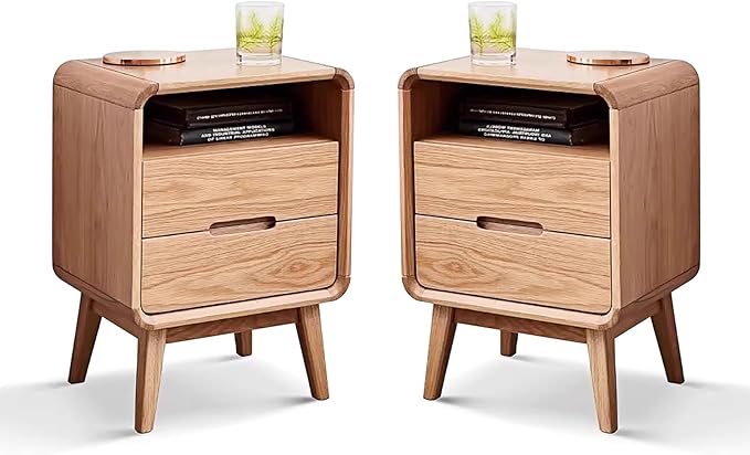 Solid Wood Nightstand Set of 2, Mid Century Modern Nightstands, Small Nightstand with 2 Drawers and Open Storage, Small Bedside Table for Bedroom, Living Room, Dormitory(Natural Wood Color)