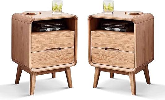 Solid Wood Nightstand Set of 2, Mid Century Modern Nightstands, Small Nightstand with 2 Drawers and Open Storage, Small Bedside Table for Bedroom, Living Room, Dormitory(Natural Wood Color)