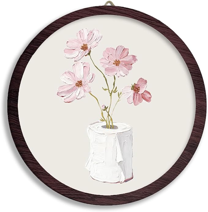TFKFJLF Vintage Floral Round Wall Art Framed, Farmhouse Flower Round Wall Hanging Art Prints Artwork, Retro Wall Art for Toilet Living Room Bedroom, 10x10 Inch