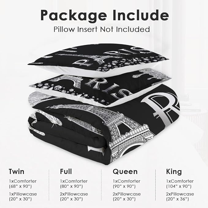 WeCozy Queen Size Comforter Set with 2 Pillowcases, Silver Paris Eiffel Tower 3 Pcs Bedding for Kids and Adults, Black France French City Soft Comforter Set for Bedroom Bed Decor