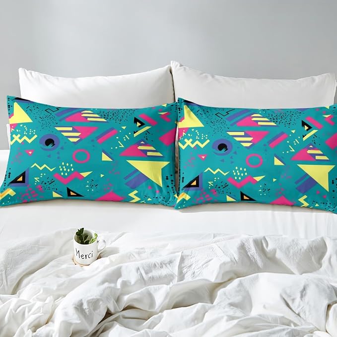 80s 90S Fashion Style Bedding Set Queen Size,Retro Memphis Style Pattern with Geometrical Shapes Duvet Cover for Kids Child,Funky Hipster Old Fashioned Comforter Cover Geometric Bedroom Decor