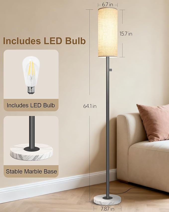 Upgraded Floor Lamp for Living Room, Dimmable Black Floor Lamp with LED Bulb,Modern Standing Lamp with Marble Base,Tall Floor Lamps for Bedroom Reading Office Corner Nursery