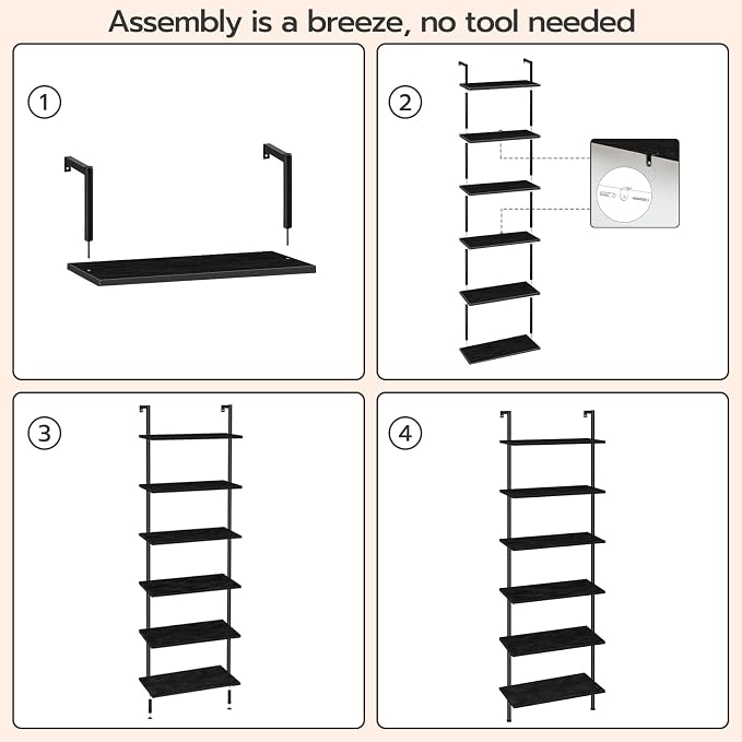 HOOBRO DIY Ladder Shelf, 6-Tier Wall Mounted Bookshelf, Office Vertical Bookcase, Wooden Storage Shelves for Home Office, Bedroom, Black BB65CJ01