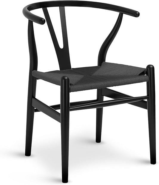 Poly & Bark Weave Dining Chairs – Mid-Century Modern Wishbone Dining Chairs with Arms, Solid Wood Frame, Indoor Use – Pitch Black – Single - Ideal for Dining Room, Kitchen or Stylish Accent Setting