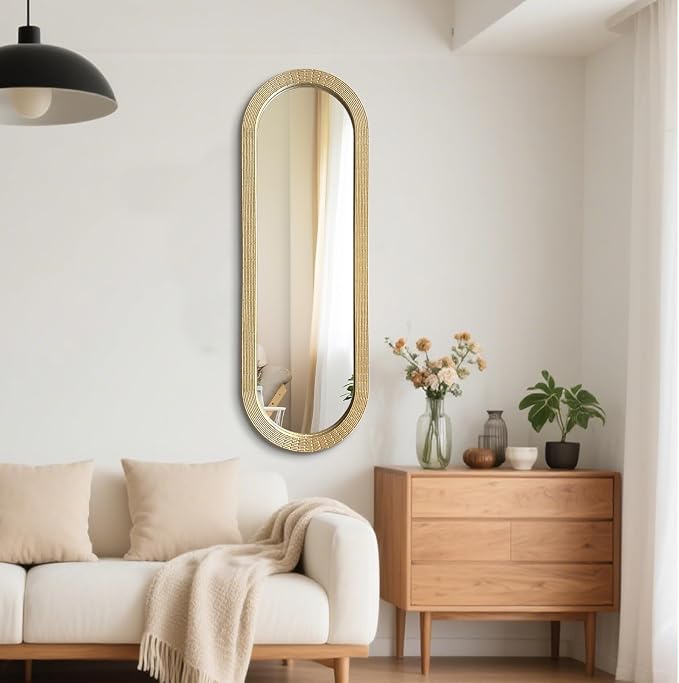 WAMIRRO Gold Oblong Wood Mirror, 47X16 Inch Hand Carved Solid Wood Capsule Frame Oval Mirror for Wall Mount, Farmhouse Boho Decor for Living Room, Bathroom, Bedroom, Hallway & Entryway
