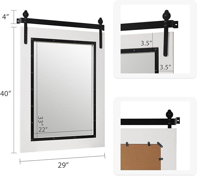 YOSHOOT Farmhouse Barn Door Mirror, 40"x29" Rustic Bathroom Mirror, Wood Frame Wall Mirror, Wooden Mirror for Living Room Bedroom Entryway Wall Décor, White Vertical Hanging ONLY