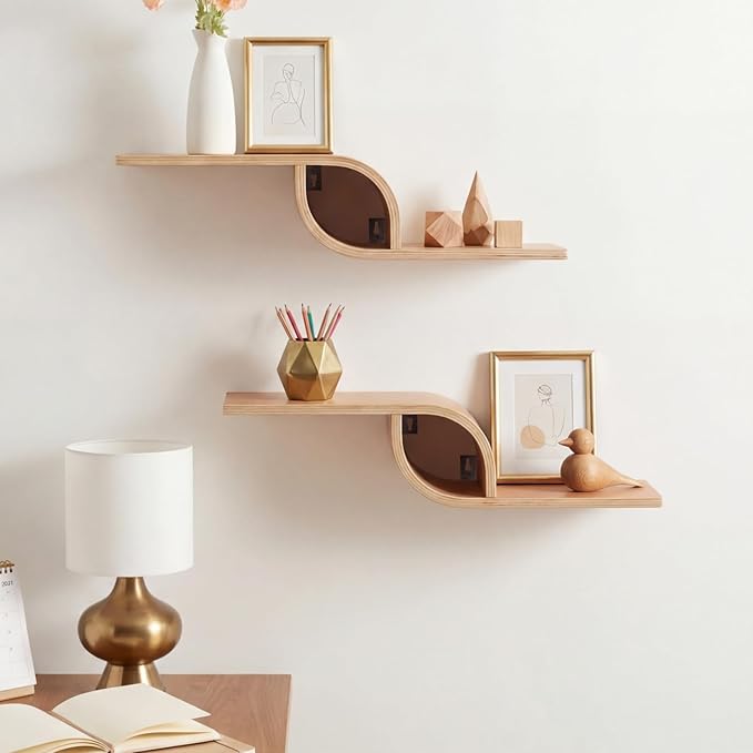 Pinkunn 2 Pack Floating Shelves Wooden Wall Shelf Mounted Storage Shelves Wood Wall Hanging Display Montage Mid Century Decor Rustic Home Decoration for Living Room Bedroom Bathroom Kitchen
