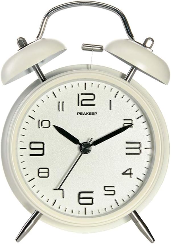 Peakeep 4 Inches Twin Bell Loud Alarm Clock for Heavy Sleepers, Backlight, Battery Operated Old Fashioned Alarm Clock for Bedrooms (3D-Dial, White)