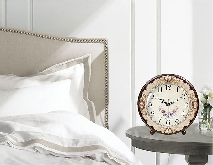 Justup Vintage Wooden Table Clock, Retro Non-Ticking European Style Beside Mantle Desk Clock Battery Operated Silent Quartz Movement for Bedroom Living Room Indoor Decor (Purple)