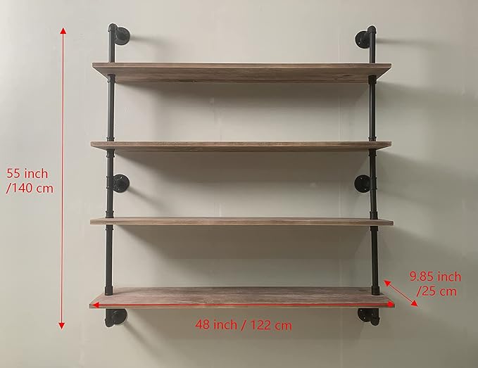 HDDFER Floating Bookshelf Shelves Industrial Pipe Shelving Floating Pipe Shelf with Wood Planks 48 inch Industrial Wall Shelves Rustic Hanging Bookshelf Farmhouse Kitchen Shelving