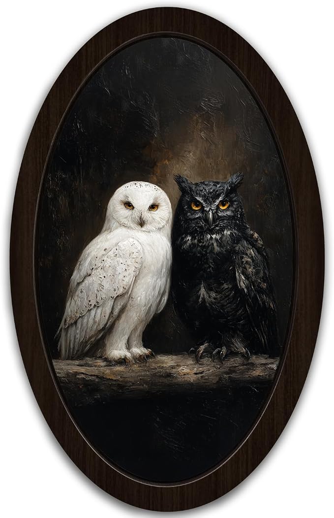 UYIKG Vintage Gothic Owl Oval Wall Art, Rustic Farmhouse Cottagecore Dark Owl Oval Wall Decor, Farmhouse Country Wooden Framed Decor for Home Bedroom Living Room 9x14.6 in