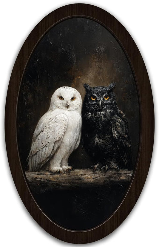 UYIKG Vintage Gothic Owl Oval Wall Art, Rustic Farmhouse Cottagecore Dark Owl Oval Wall Decor, Farmhouse Country Wooden Framed Decor for Home Bedroom Living Room 9x14.6 in