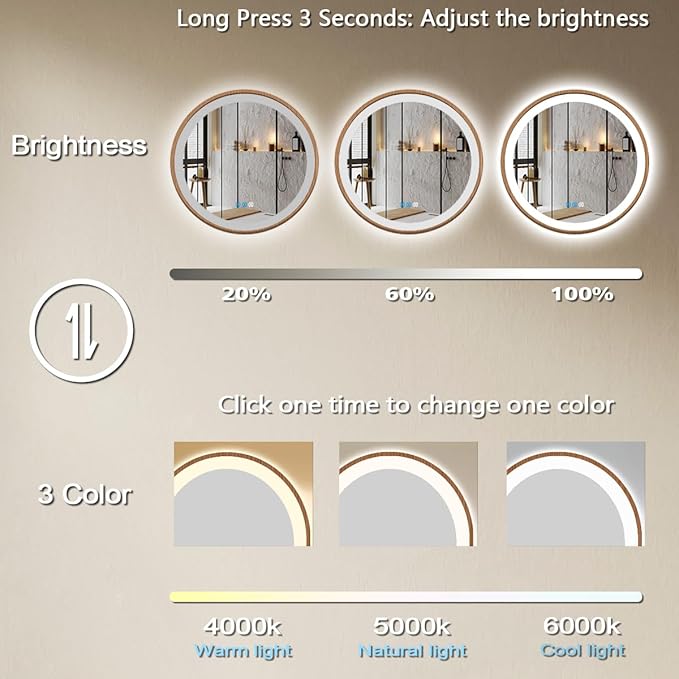 36 Inch Wood Frame LED Round Mirror with Lights 3 Color Dimmable Smart Memory Function AntiFog 36" Wood Framed Circle Round Lighted Vanity Mirror with Lights for Bathroom Wall Mounted