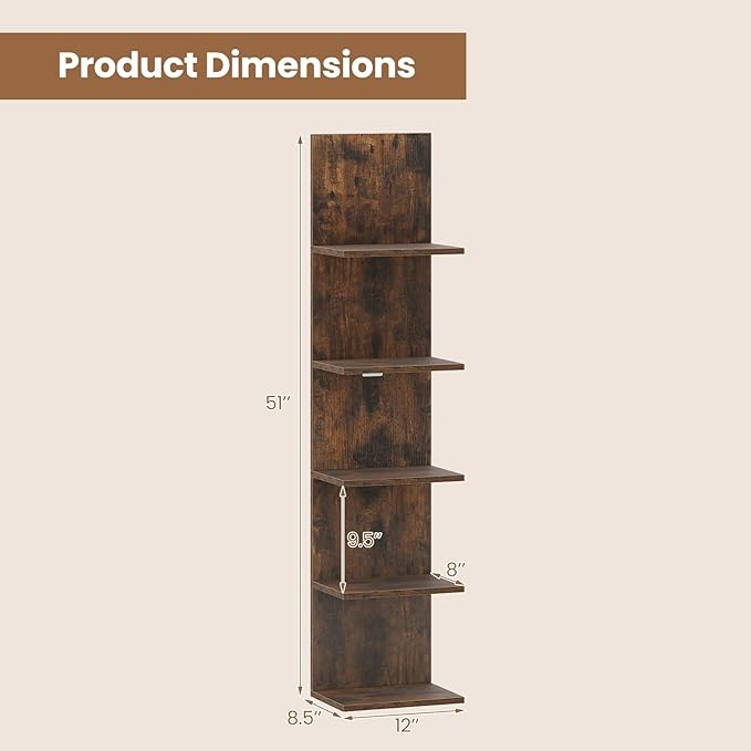 Giantex 5 Tier Wall Shelf Unit, Narrow Vertical Floating Shelves for Home Decoration and Storage Organizer, Lack Wall Shelf, Wall Mounted Display Shelves for Bedroom, Living Room, Rustic Brown