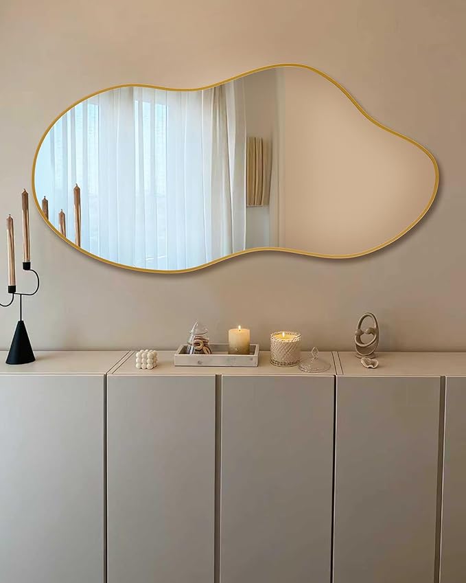 Irregular Wall Mirror 24×46 Inch Wall Mirrors Decorative Gold Modern Asymmetrical Abstract Mirror for Bathroom Bedroom Living Room Entryway Hallway