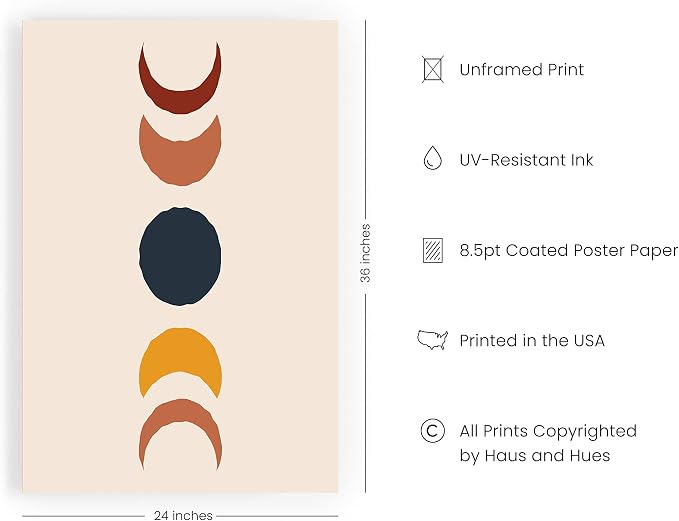 HAUS AND HUES Moon Phases Wall Art - Modern Celestial Decor, Mid Century Boho Moon Phases Print for Bedroom, Living Room, Office, Unframed 24x36