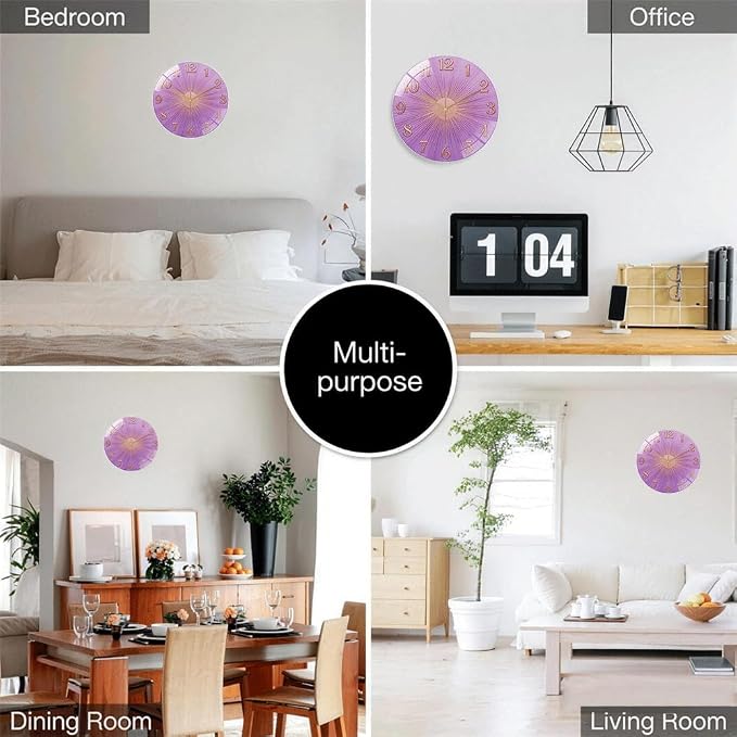 24 Inch Purple Sunburst Glass Wall Clock Silent Art Decor | Silent glossy clock with a purple sunburst and rose gold numbers, perfectly tracking time for your bedroom or living room