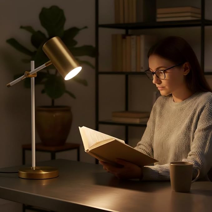 Modern White and Gold Desk Lamp with Type C Charging Port, Minimalist Industrial Table Lamp with Swing Arm, for Study Room Home Office Bedroom Bedside Nightstand