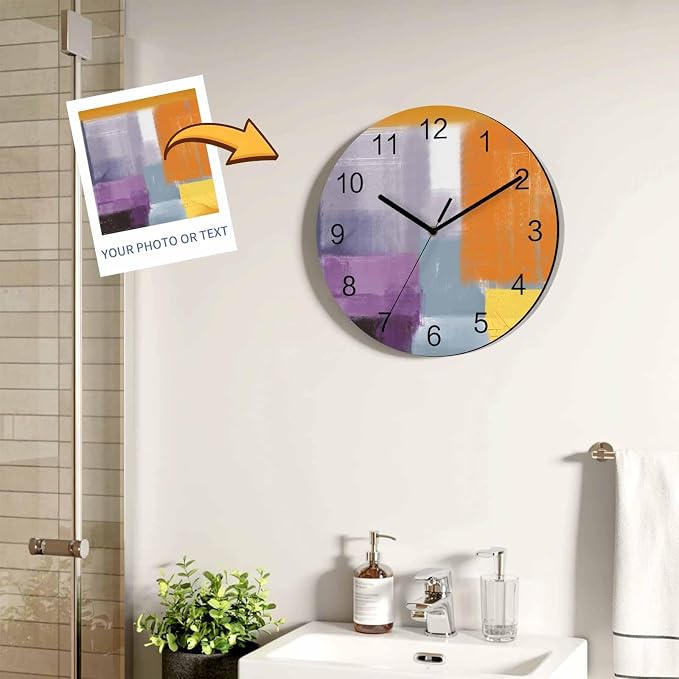 Abstract Painting Art Style Purple Orange Grey Yellow Wall Clock Battery Operated Non-Ticking 12" Round Wood Clocks, Kitchen Wall Clock for School Bathroom Living Room Home Office Wall Decor
