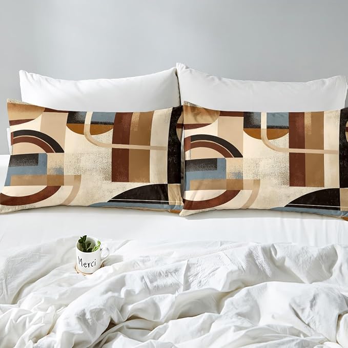 Geometric Striped Circle Duvet Cover Set Twin Size,Abstract Graffiti Retro Art Bedding Set,Boys Girls Room Decor,Minimalist Aesthetic Chic Comforter Cover,Brown Quilt Cover,1 Pillowcase(No Filler)