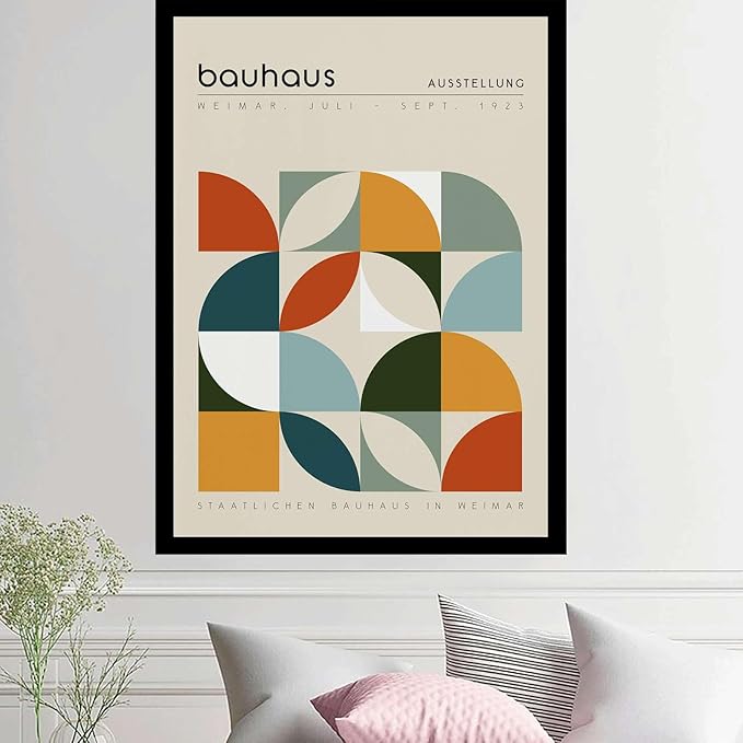 AnenaXean Poster Wall Art Picture Bauhaus Exhibition Poster Geometric Print Abstract Wall Art Mid Century Modern Beige Orange Sage Decor Bedroom and Kitchen Office Wall Decoration 8x12inch Solid wood