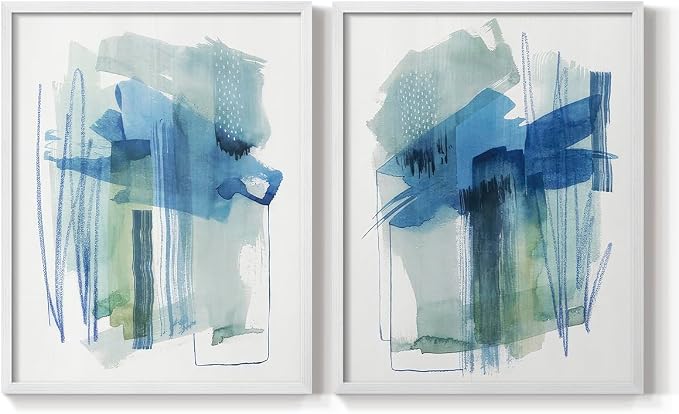 Renditions Gallery Set of 2 Peel & Stick Framed Prints, Modern Abstract Wall Art, Blue and Neutral Bold Brushstrokes Wall Decor, Re-Stickable - Ready to Hang - 22"x28" - White Frame LT588