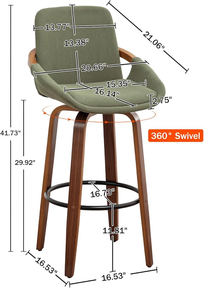 LUNLING 29.5" Bar Height Barstools,Mid Century Modern Retro Bar Chairs Green Corduroy Fabric Upholstered and Walnut Wood Frame for Home Bar Furniture(Green,1PCS)