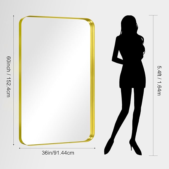 CIRCUMI Gold Bathroom Mirror, 36"x60" Rectangular Mirror with Deep Metal Frame, Rounded Corner, Tempered Glass, Large Mirror for Wall, Over 2 Sinks, Installed Vertically/Horizontally, Crystal-Clear