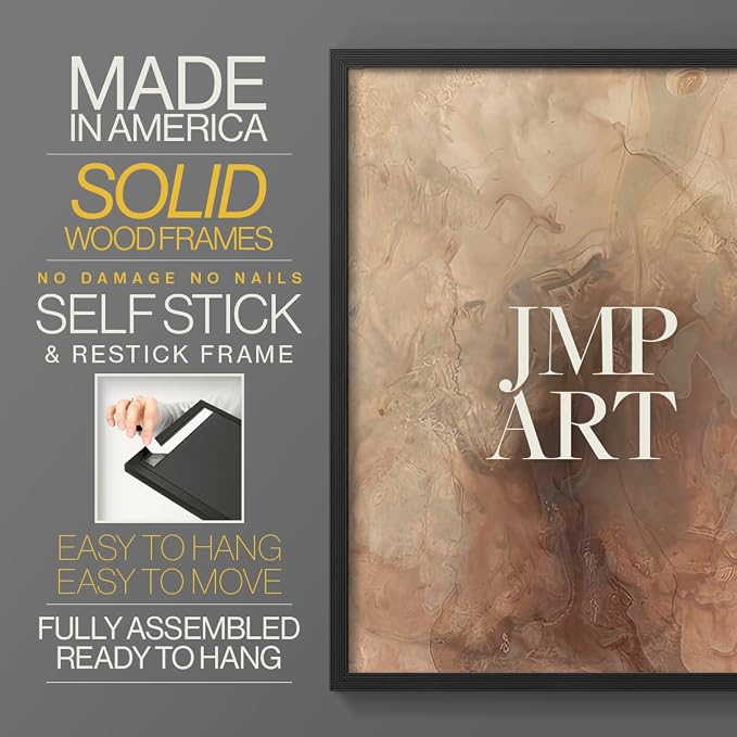 Renditions Gallery Set of 2 Peel & Stick Framed Prints, Abstract Wall Art, Brown Textured Marble Design Re-Stickable - Ready to Hang - 11"x14" - Black Frame LT588