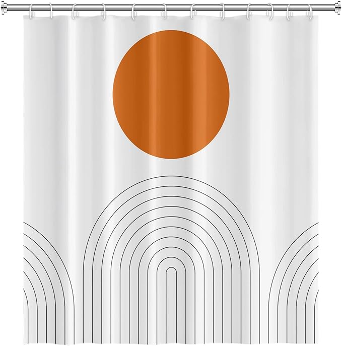 Abstract Mid Century Bohemian Bathroom Shower Curtain Orange Sun Lines Arch with Hooks Waterproof Fabric Polyester, 72x84 Inch