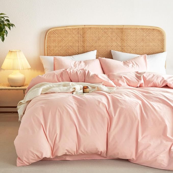 Wake In Cloud - Cotton Duvet Cover Set, 100% Washed Cotton, Linen Like Textured, Breathable Durable Comfy Farmhouse Neutral Bedding Set, 3 Pieces, Pink, Queen Size
