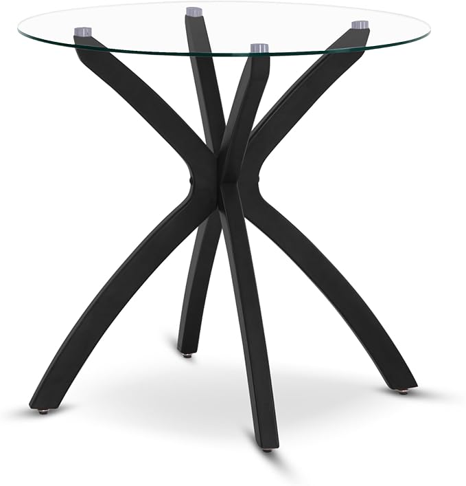 ivinta Small Glass Dining Table for 2-4, 31.5-Inch Round Coffee Table with Tempered Glass Top and Solid Wood Legs, Mid-Century Modern Kitchen Table for Dining Room, Living Room CURD-80 (Black)