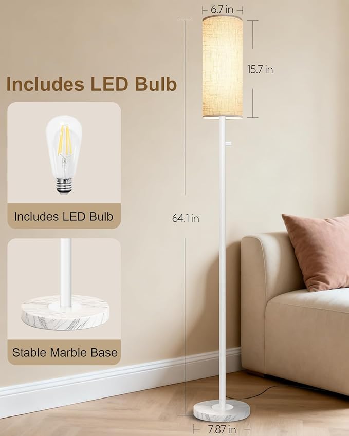 Floor Lamp for Living Room,Dimmable Floor Lamp with LED Bulb,Modern Standing Lamp with Marble Base,Tall Standing Lamps for Living Room,Bedroom,Office,Reading and Nursery(White)