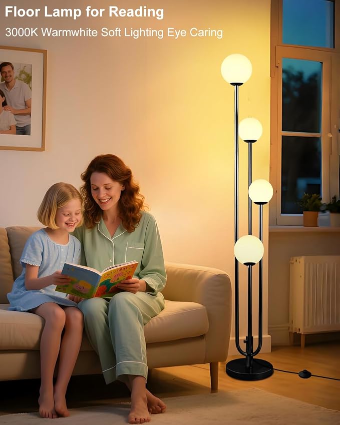 Lightdot Black Globe Floor Lamp 4-Lights Dimmable Floor Lamps with Tray 3000K Bulbs Included Unique Candle Mid Century Tall Standing Lamp with 5Lbs Heavy Base for Living Room/Bedroom/Sofa Beside