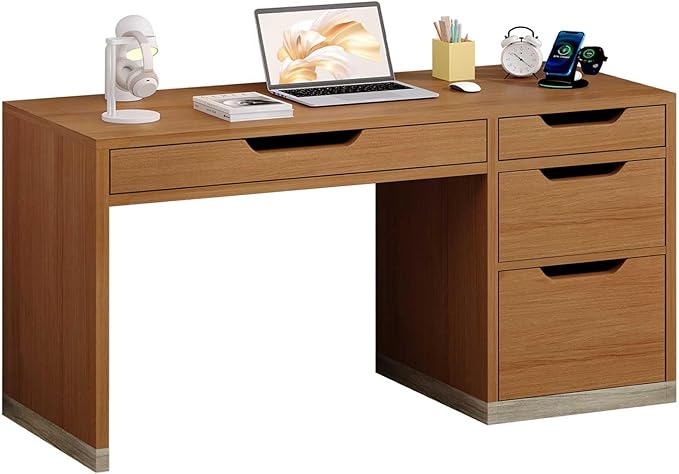 MaverickFurni 52 Inch Desk with 4 Drawers, Small Computer Desk for Small Space, Home Office Desk with Storage File Drawer for Bedroom, Brown