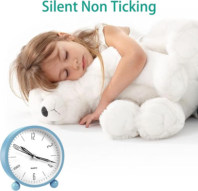 pxy Cute and Safe Alarm Clock for Kids Battery Powered (Battery Include), 4" Analog Super Silent Analog Alarm Clock with Night Light510 Blue&White