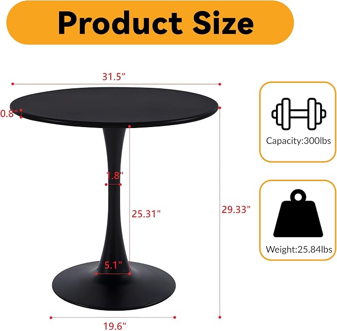 AF ARTISAN FURNITURE Black Round MDF-Metal Dining Table Set for 4, 31.5" Round Tulip Table Kitchen Dining Table with 4 PU Chairs for Office Living Room Small Space Patio Balcony