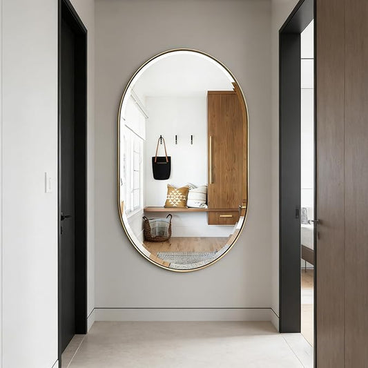 POZINO Gold Oval Mirror, Brass Beveled Mirror with Stainless Steel Frame, 28"x48" Large Rounded Rectangle Mirrors for Over Sink, Modern Oblong Vanity Wall Mirrors for Bathroom Bedroom Living Room